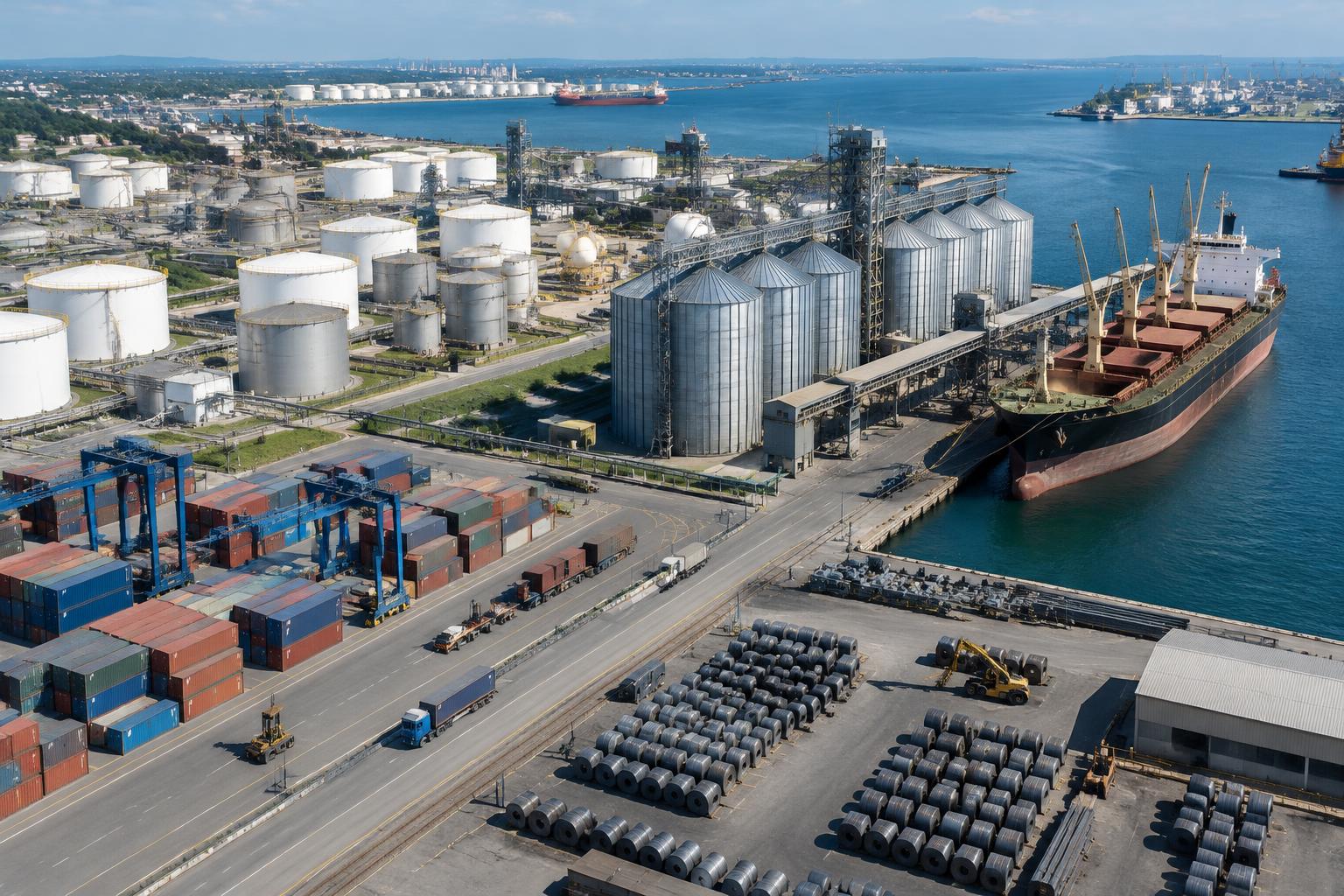 Oil storage tanks, grain silos, steel coils and a bulk carrier at an international commodity port