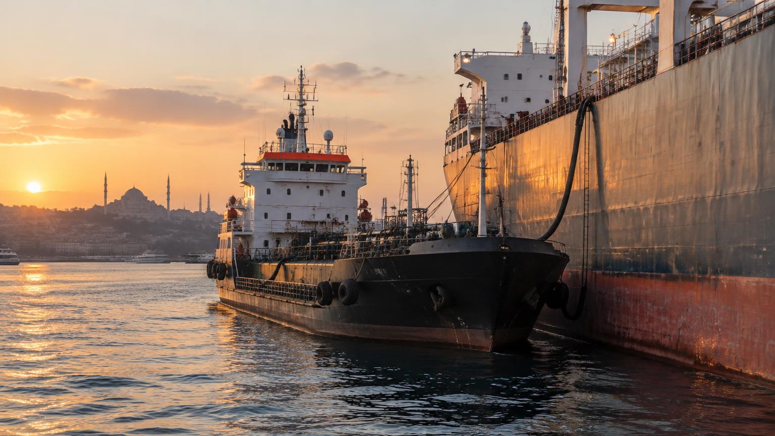 Alkagesta Energy Petrol bunker vessel refuelling a ship in a Turkish harbour near Istanbul at sunrise